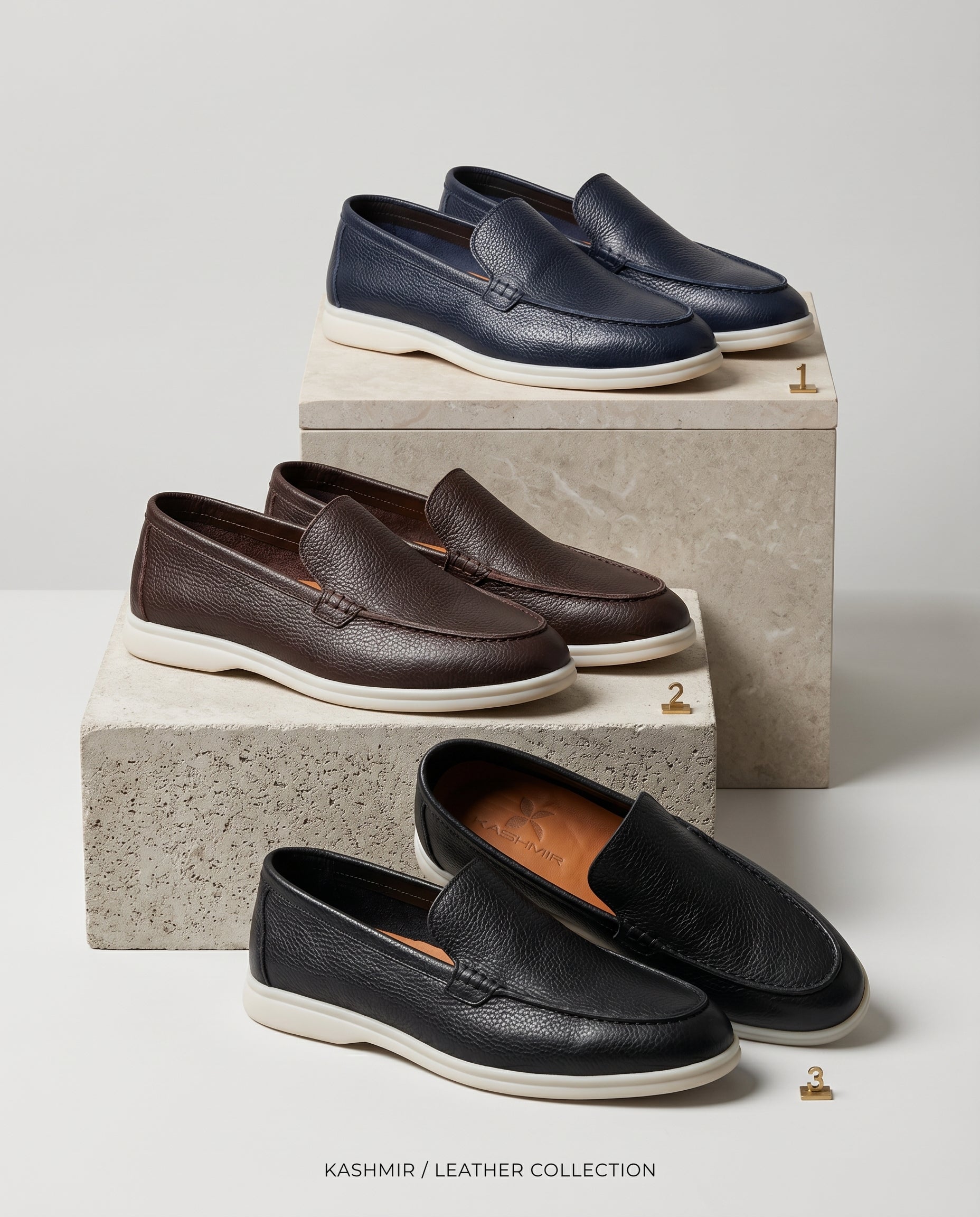 Kashmir loafer collection in black, brown and navy