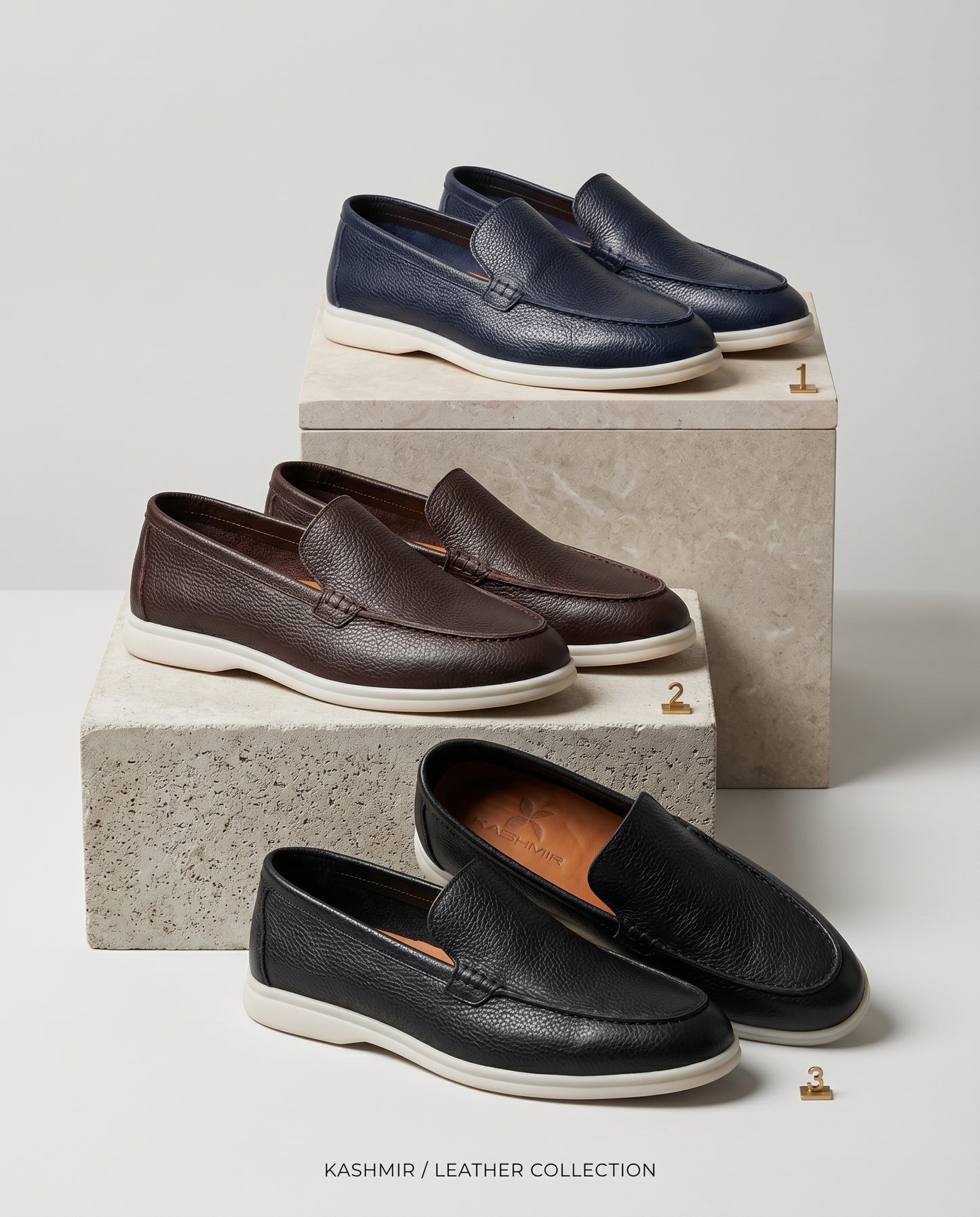 Kashmir loafer collection in black, brown and navy